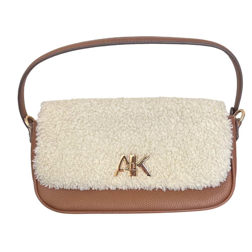 Anne Klein Chestnut Shearling Shoulder Hand Bag Pebbled Leather Crossbody Strap‎